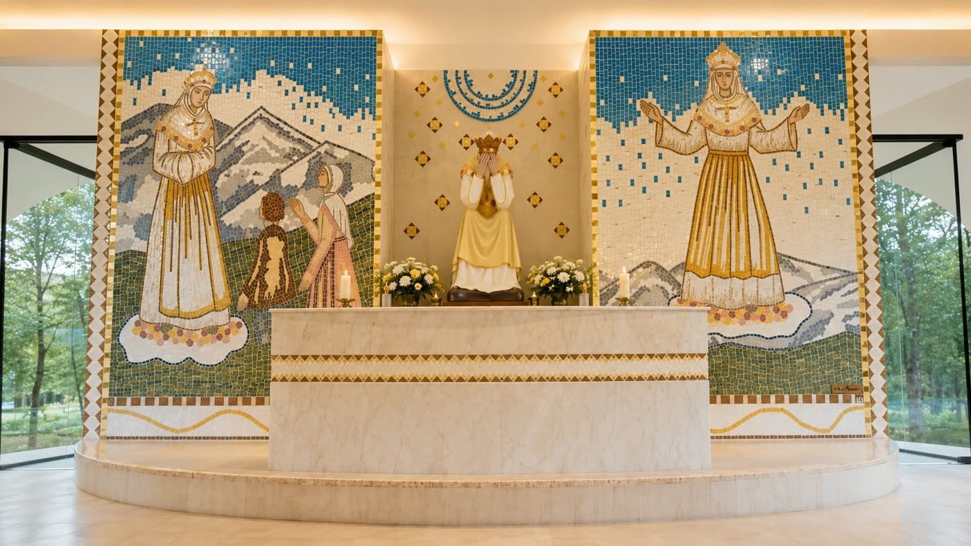 Altar da gruta do Morro da Santa, com a imagem de Nossa Senhora da Salete e os mosaicos da aparição